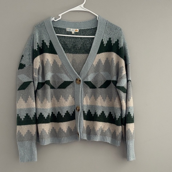 C&C California Sweaters - C&C California Blue, Cream & Dark Green Patterned V-Neck Cardigan
